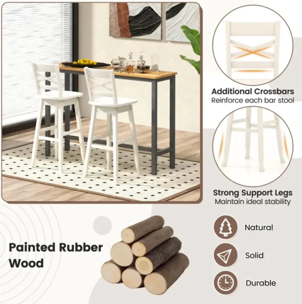 Hivvago Swivel 30-Inch Bar Height Stool Set of 2 with Footrest