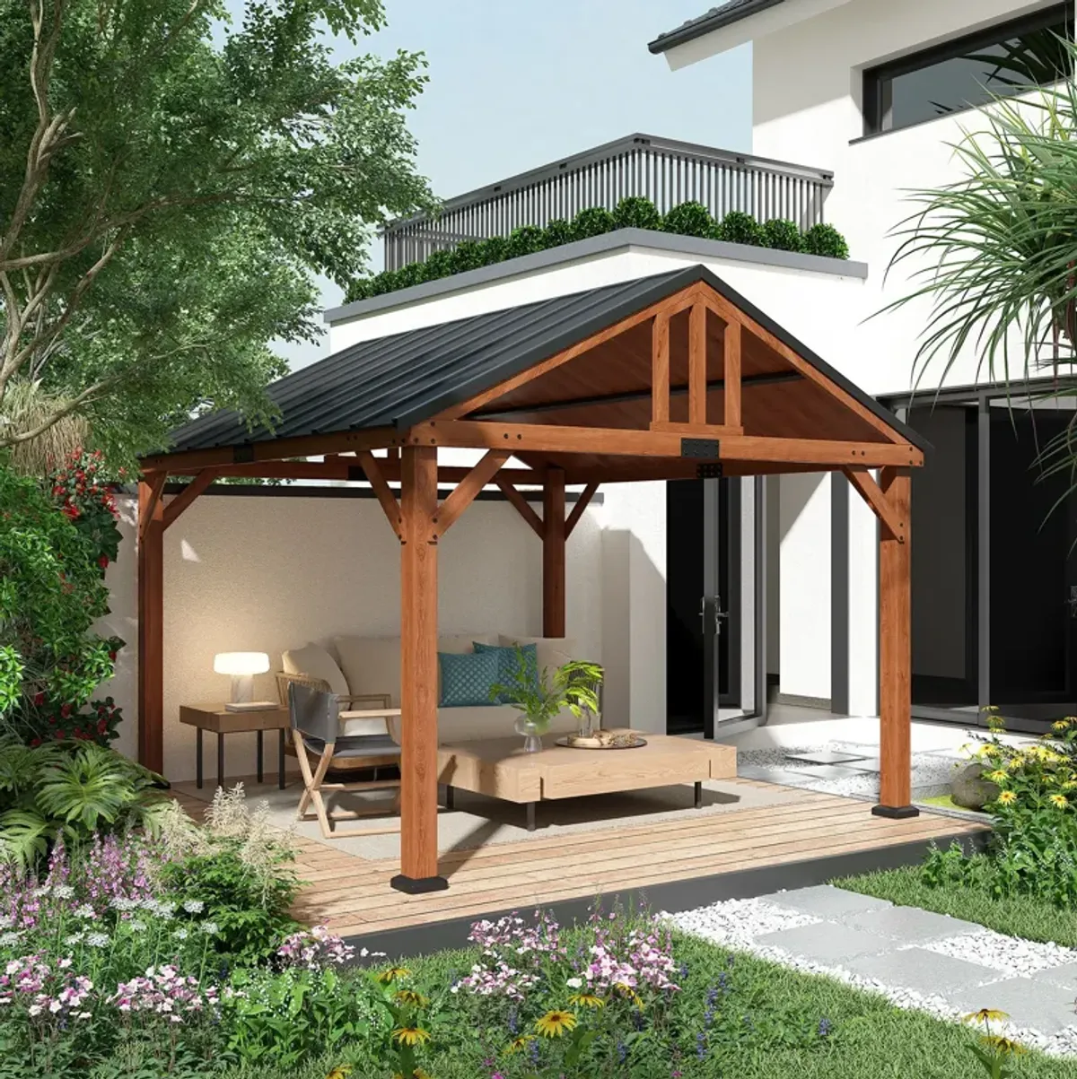 Brown Garden Pavilion: 12'x11' Hardtop Gazebo with Wooden Frame