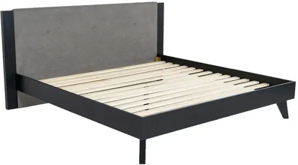 Pio King Size Bed, Gray Upholstered Headboard, Black Angled Rubberwood Legs - Benzara