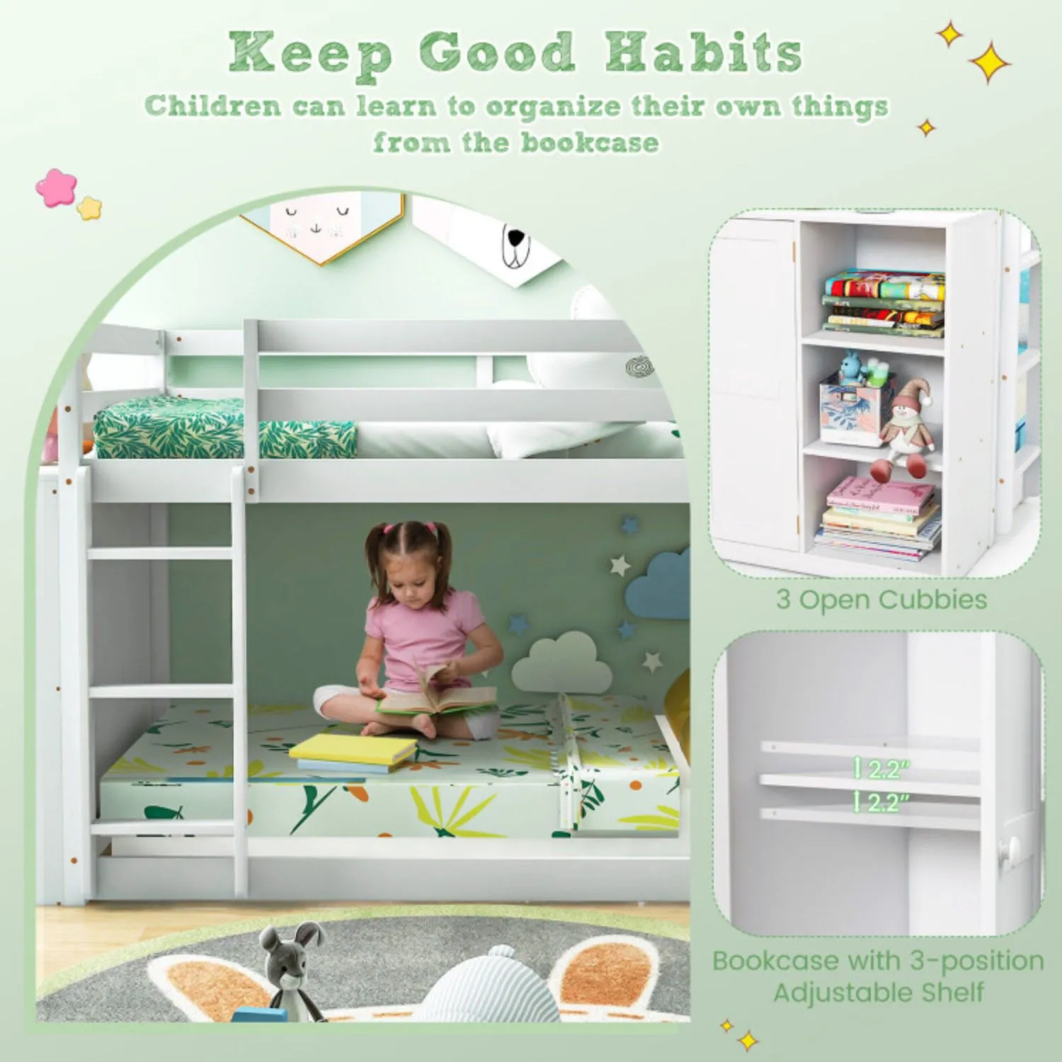 Twin Size Bunk Bed with Convertible Bookcase and Ladder