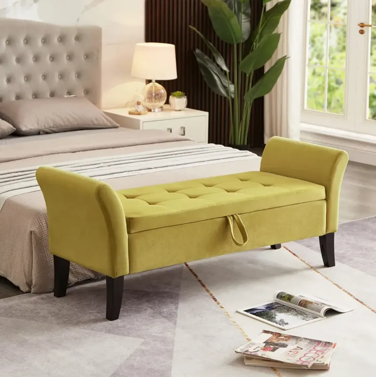 51.5" Bed Bench With Storage Green Velvet