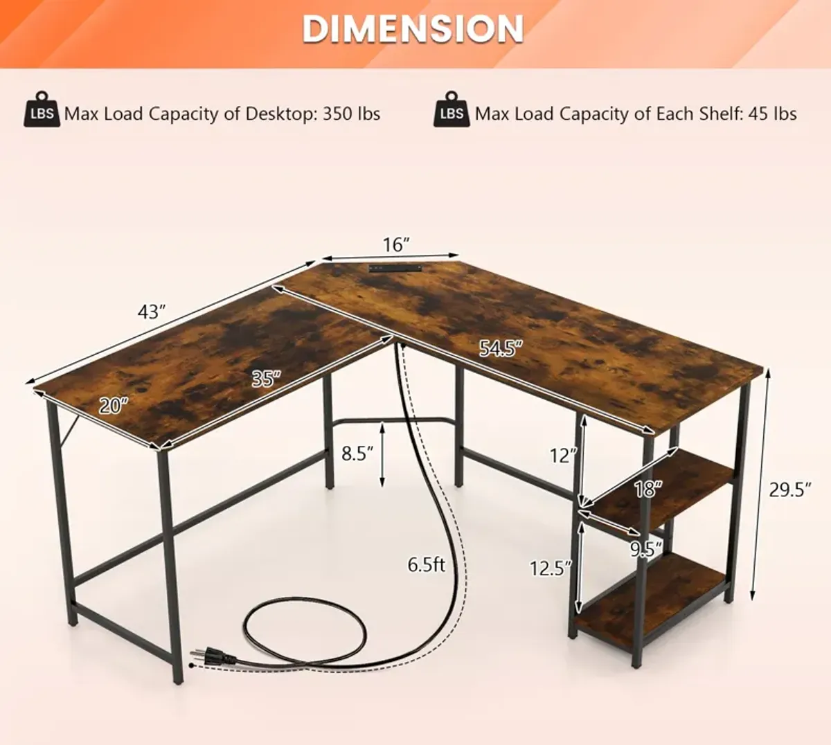 Costway L Shaped Corner Computer Desk 54.5" Office Workstation w/ 2 Outlets & USB Ports