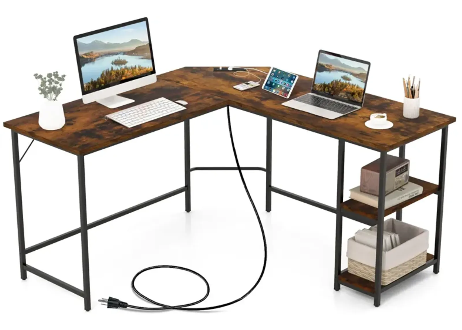 Costway L Shaped Corner Computer Desk 54.5" Office Workstation w/ 2 Outlets & USB Ports