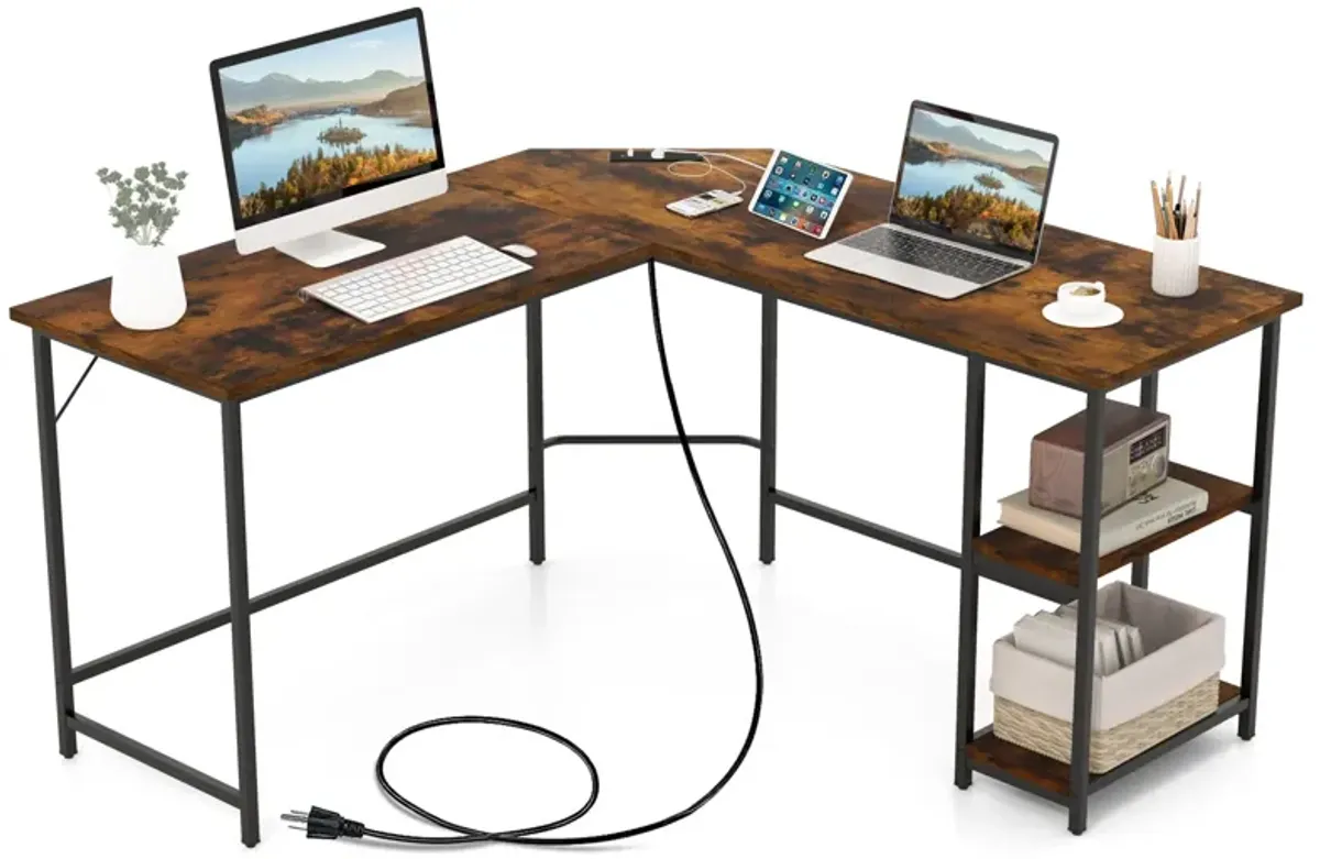 Costway L Shaped Corner Computer Desk 54.5" Office Workstation w/ 2 Outlets & USB Ports