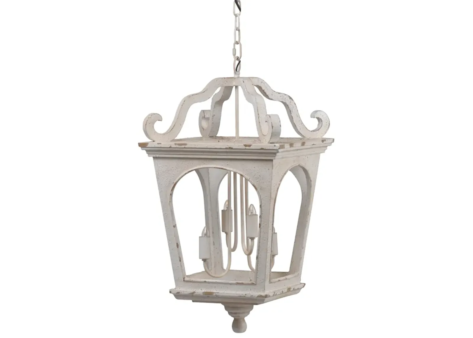 16 Inch 4 Light Chandelier, Classic Design, Fir Wood Iron, Distressed White - Benzara