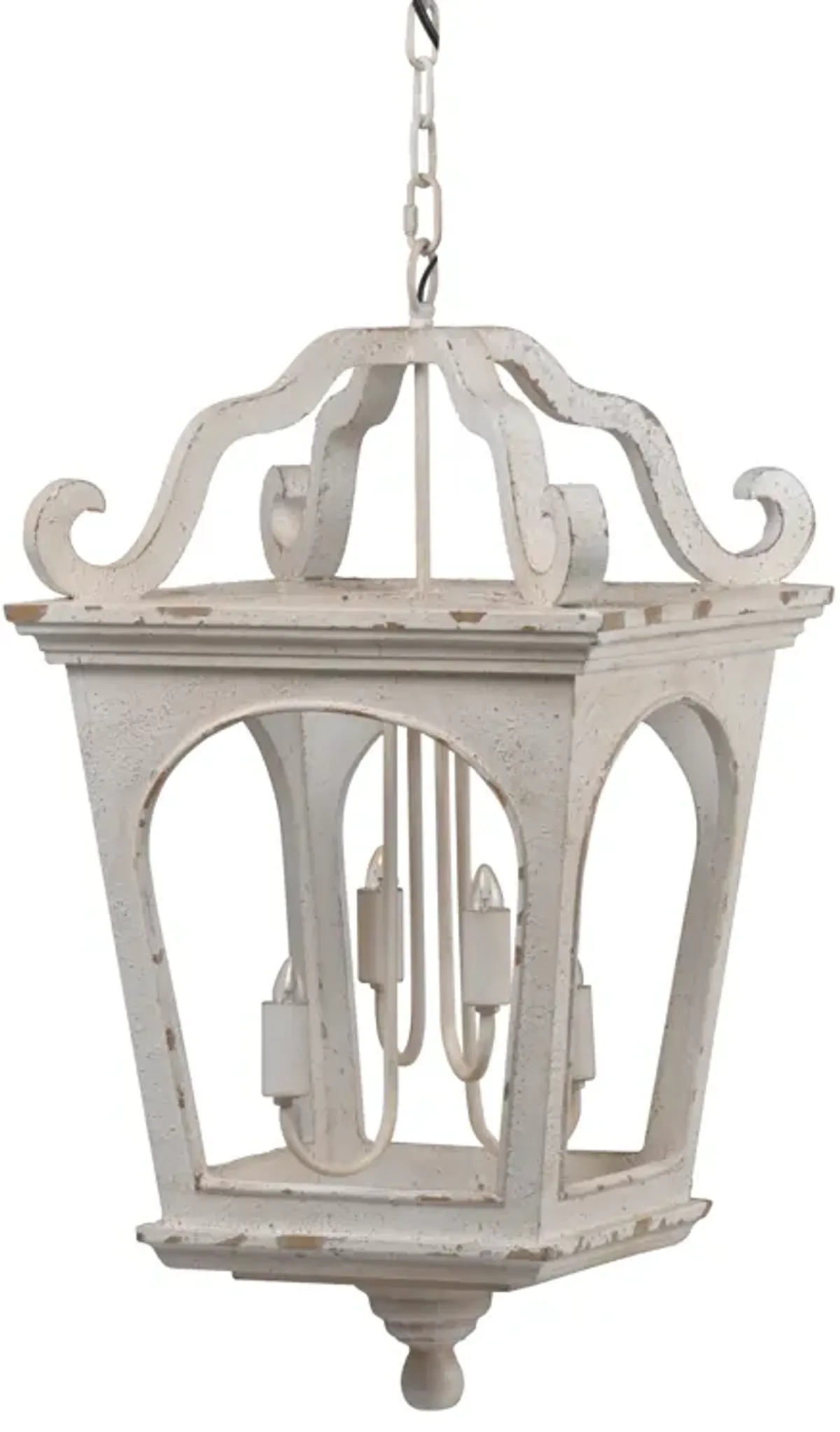 16 Inch 4 Light Chandelier, Classic Design, Fir Wood Iron, Distressed White - Benzara