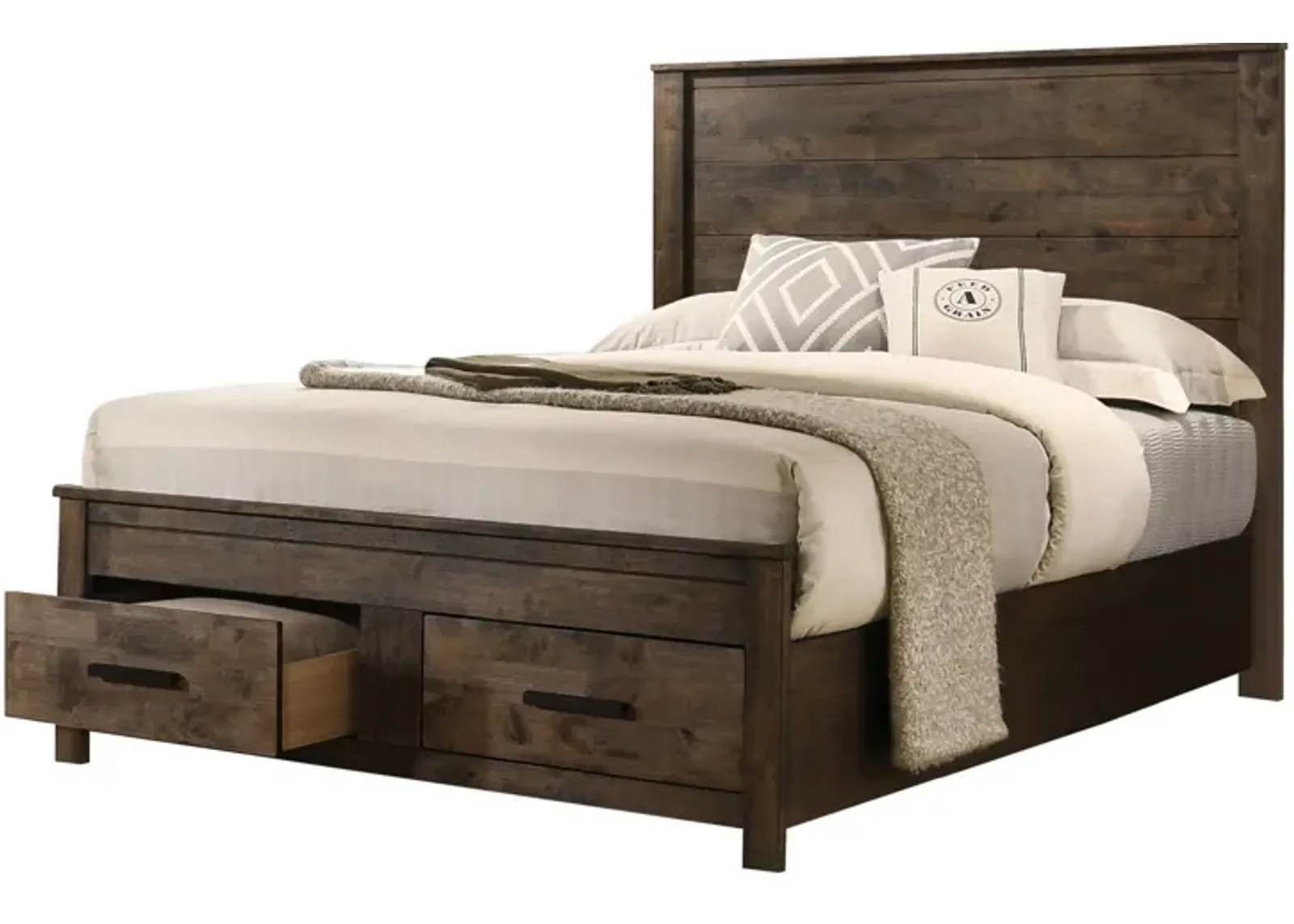 Frio California King Storage Bed, 2 Drawers, Low Platform, Rustic Brown - Benzara