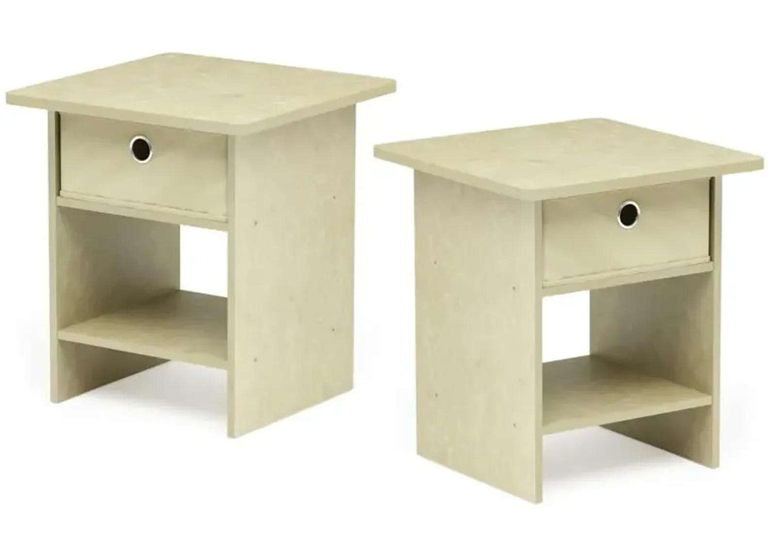 Furinno End Table/ Night Stand Storage Shelf with Bin Drawer, Cream Faux Marble/Ivory, Set of 2