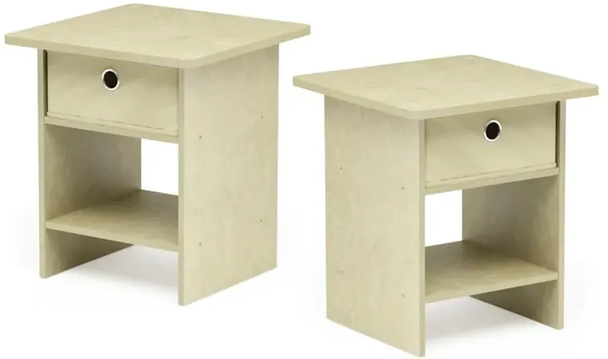 Furinno End Table/ Night Stand Storage Shelf with Bin Drawer, Cream Faux Marble/Ivory, Set of 2