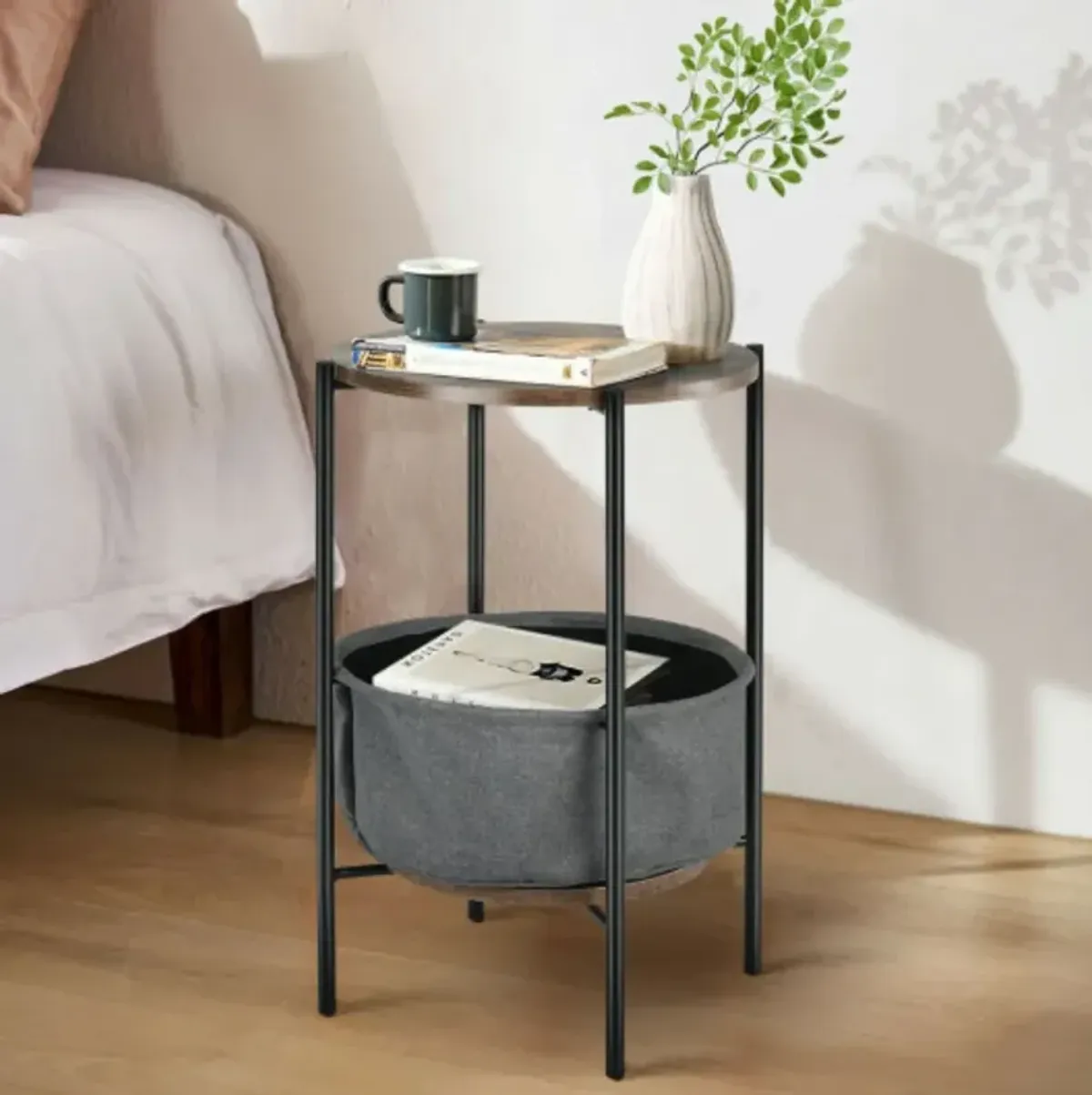 Industrial Round End Side Table Sofa w/ Storage