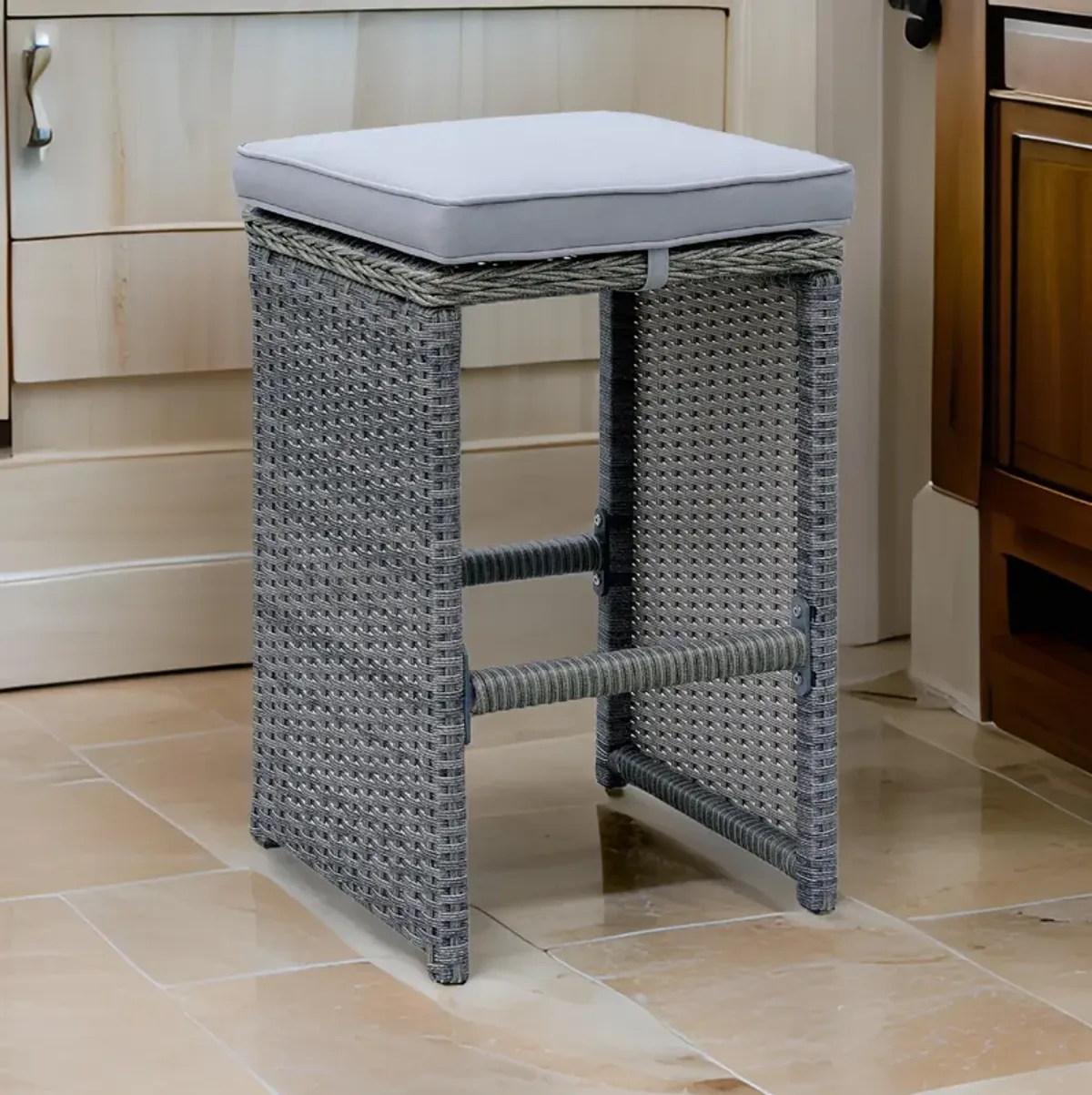 6 Piece Patio Bar Stool In Aluminum Wicker Frame And Padded Fabric Seat, Gray-Benzara