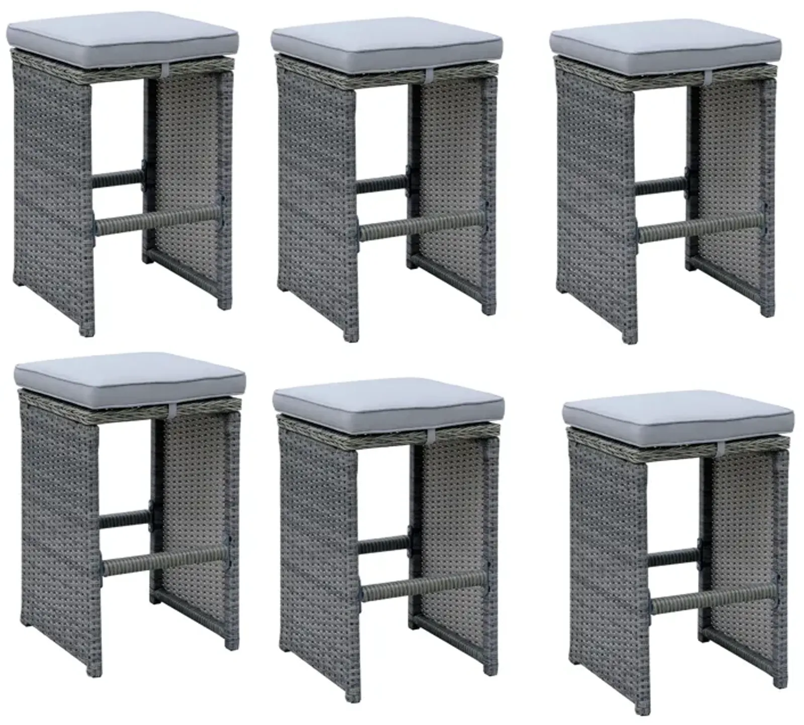 6 Piece Patio Bar Stool In Aluminum Wicker Frame And Padded Fabric Seat, Gray-Benzara