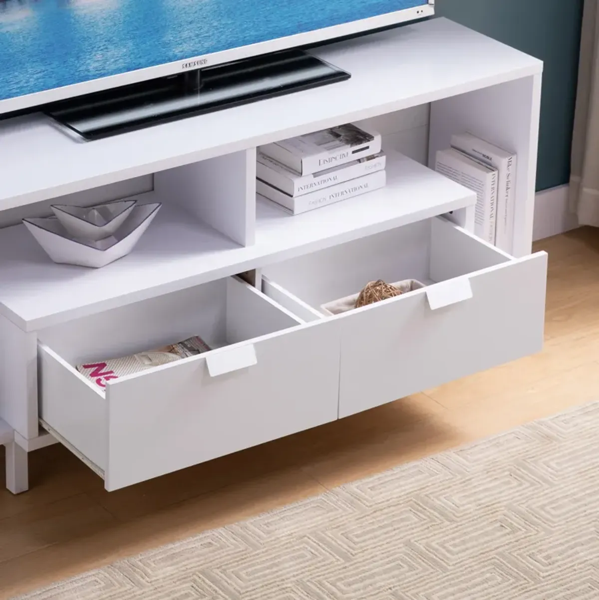 White TV Stand with 2 Drawers and 2 Shelf Spacing