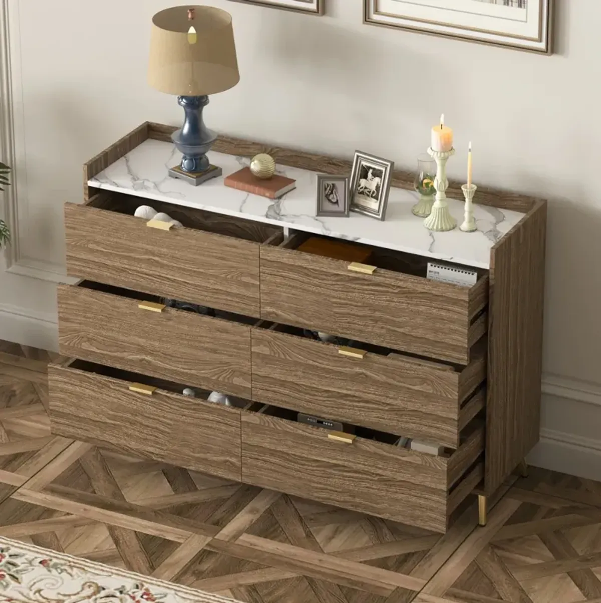 Modern 6-Drawer Dresser with Marble Top