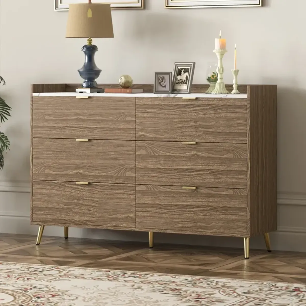 Modern 6-Drawer Dresser with Marble Top