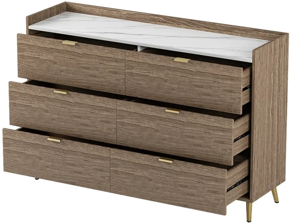 Modern 6-Drawer Dresser with Marble Top