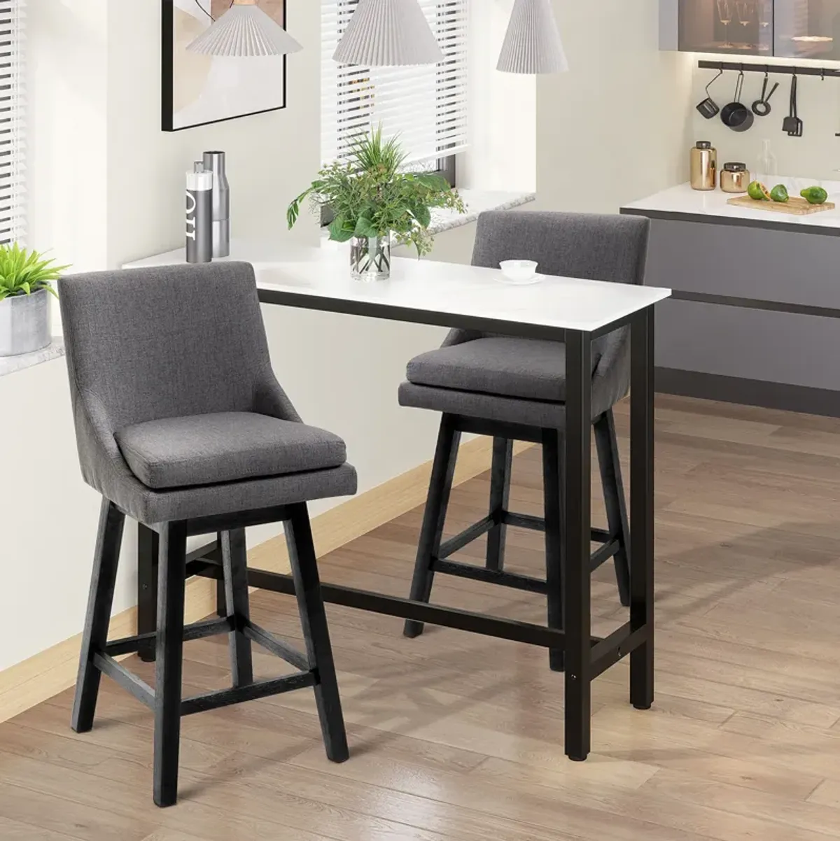 HOMCOM Bar Height Bar Stools Set of 2, Armless Upholstered Swivel Barstools Chairs with Soft Padding Cushion and Wood Legs, Dark Gray