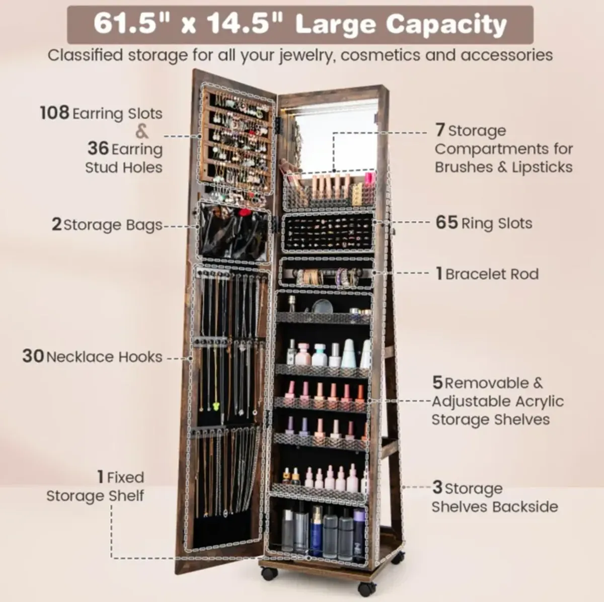 Hivvago 64 Inches Lockable Jewelry Cabinet Armoire with Built-in Makeup Mirror