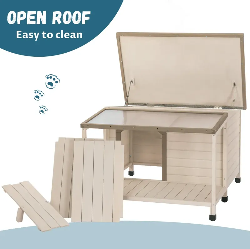 Outdoor For wood dog house with an open roof ideal for small to medium dogs. Dog house with large terrace with clear roof.Weatherproof asphalt roof and treated wood