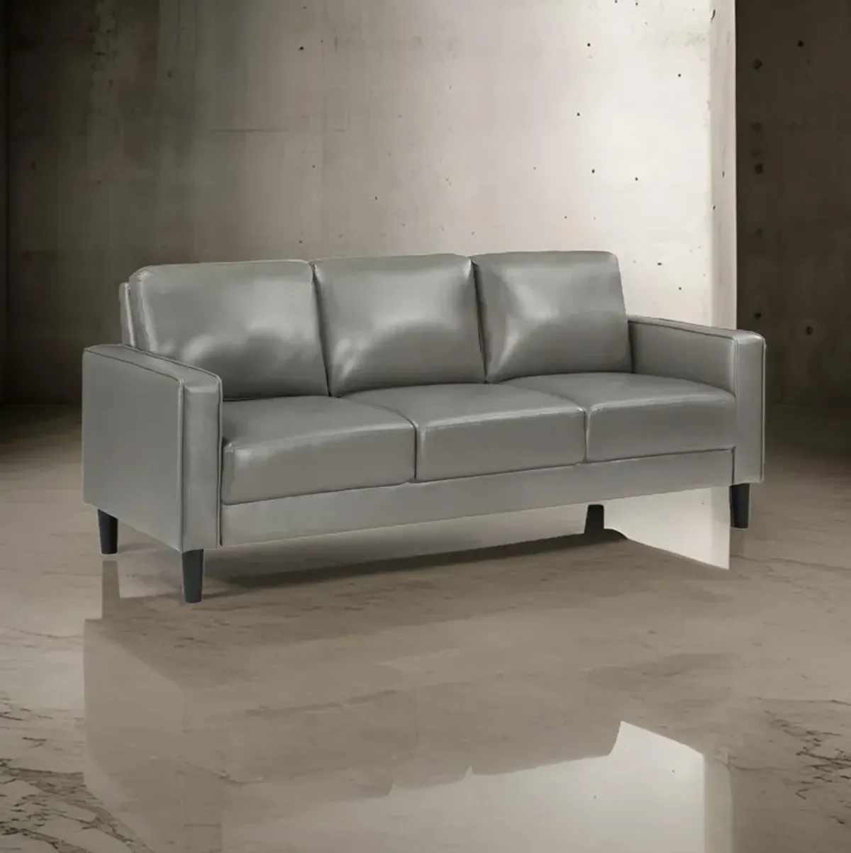 Rumi Sofa, Gray Faux Leather, Modern Track Arms, Foam Cushions