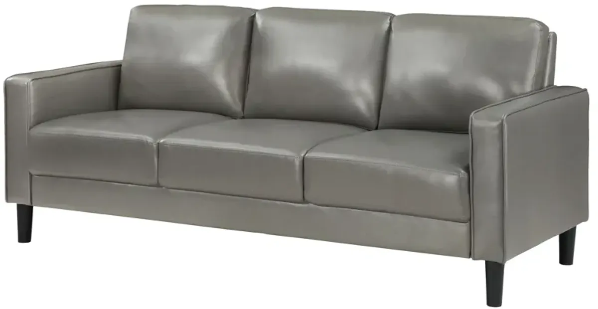 Rumi Sofa, Gray Faux Leather, Modern Track Arms, Foam Cushions