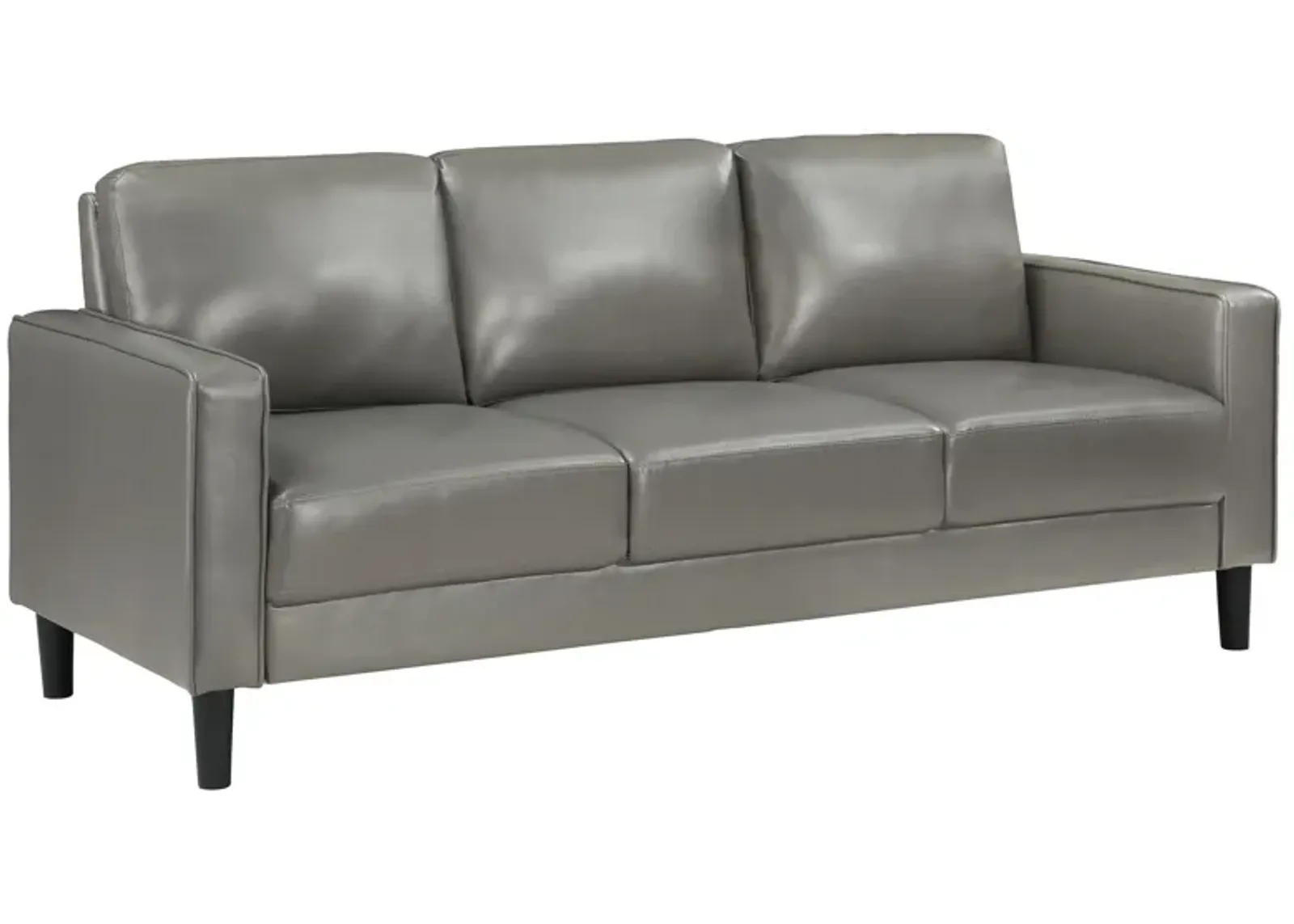 Rumi Sofa, Gray Faux Leather, Modern Track Arms, Foam Cushions