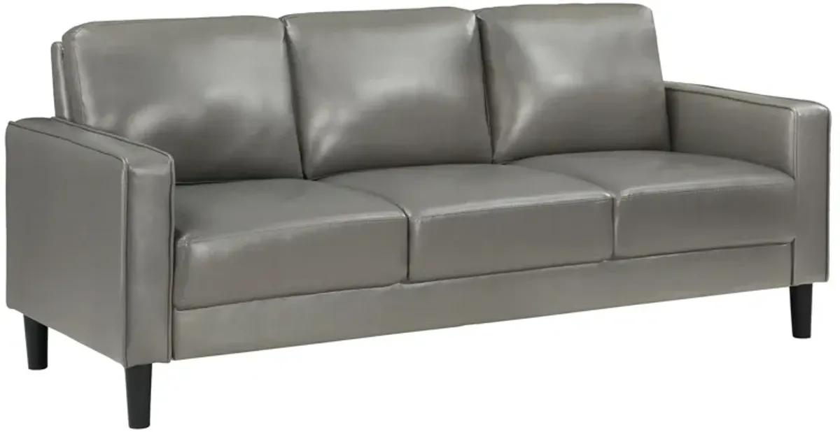 Rumi Sofa, Gray Faux Leather, Modern Track Arms, Foam Cushions