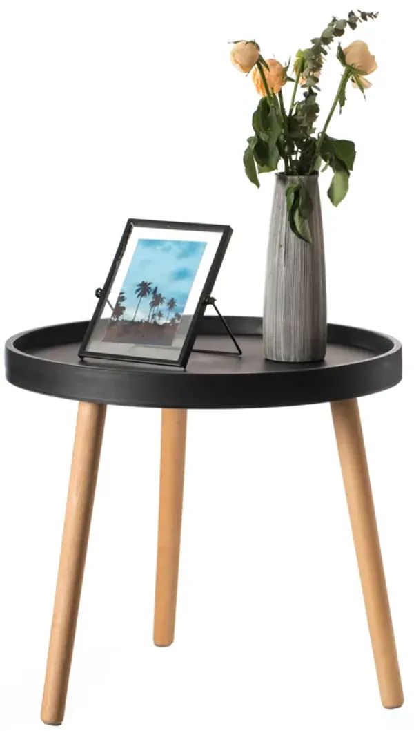 Modern Plastic Round Side Table Accent Coffee Table with Beech Wood Legs, Black
