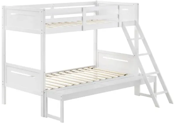 Amey Twin over Full Bunk Bed, Guard Rails, Attached Ladder, White Wood - Benzara