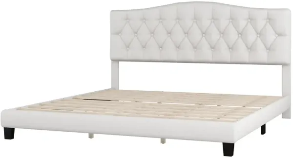 Cody King Size Platform Bed with Diamond Button Tufted Headboard, Beige - Benzara