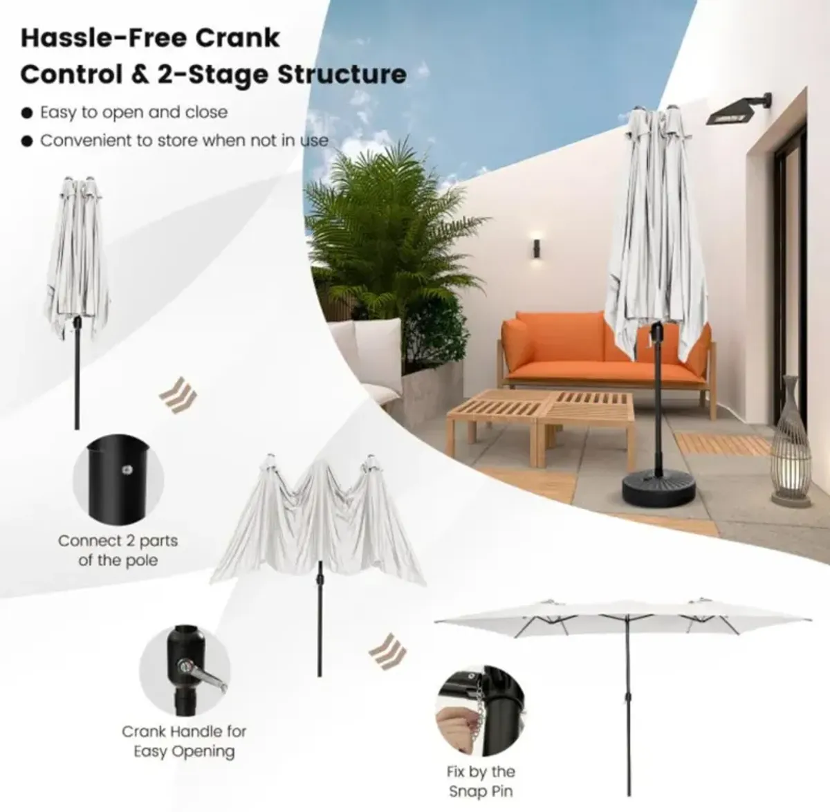 Hivvago 15 Feet Double-Sized Patio Umbrella with Crank Handle and Vented Tops