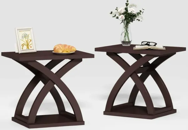 ChooChoo End Side Table Set of 2, Modern End Table with Storage Shelf, X-Design Side Table Living Room (Espresso)