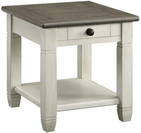 Rome 26 Inch Side End Table, Square, 1 Drawer, Brown, White, Solid Wood - Benzara