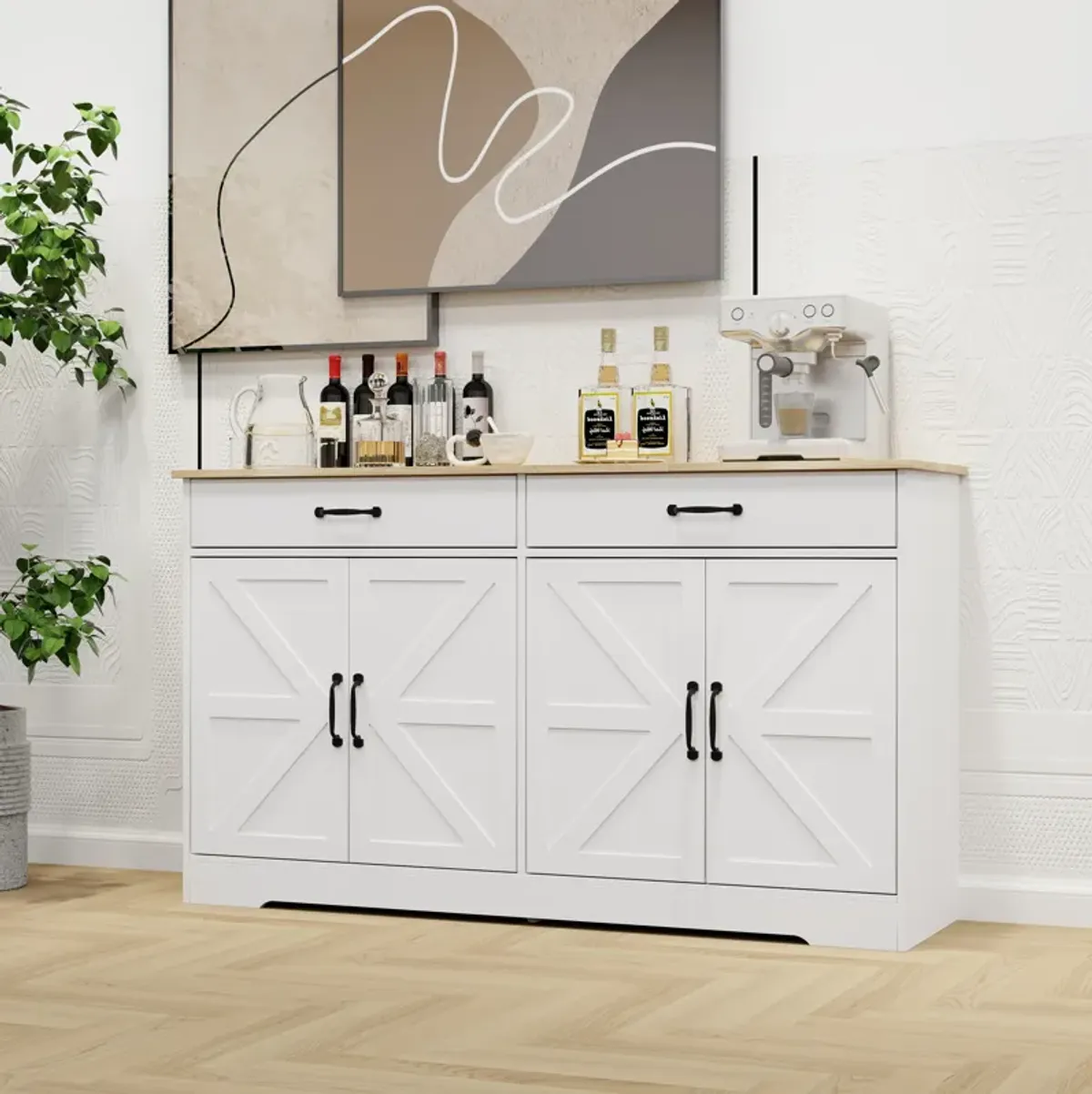 White MDF 55.91 in. Sideboard with X-panel Design Doors