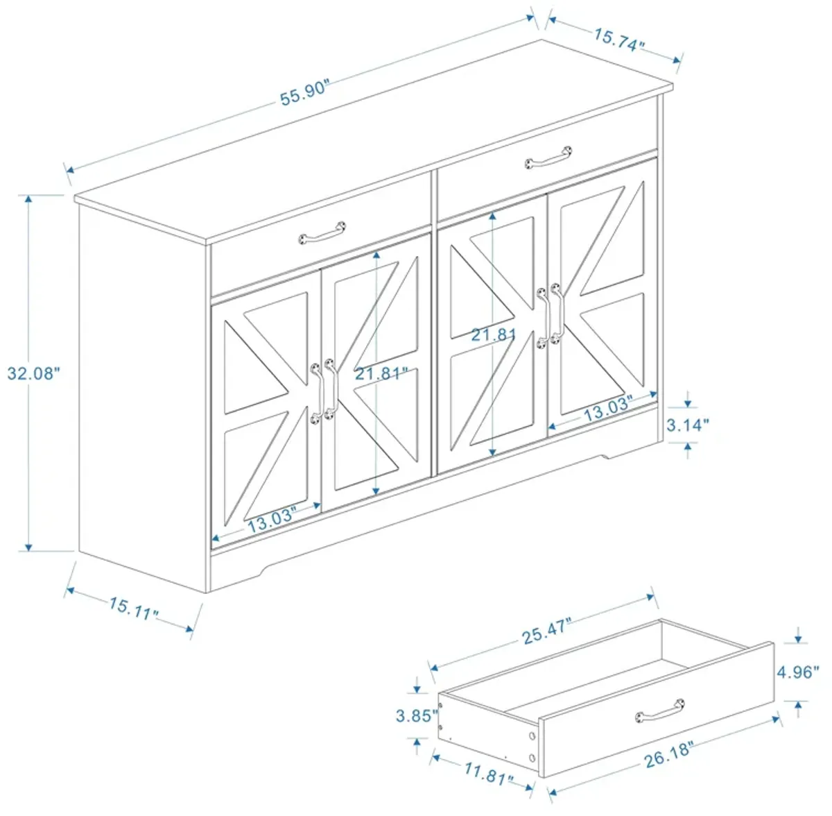 White MDF 55.91 in. Sideboard with X-panel Design Doors