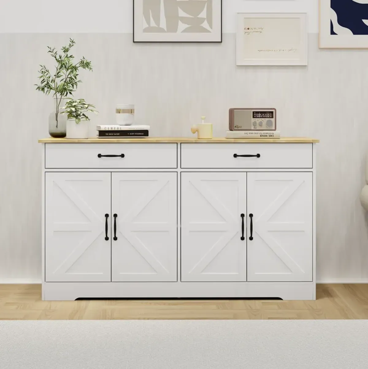 White MDF 55.91 in. Sideboard with X-panel Design Doors