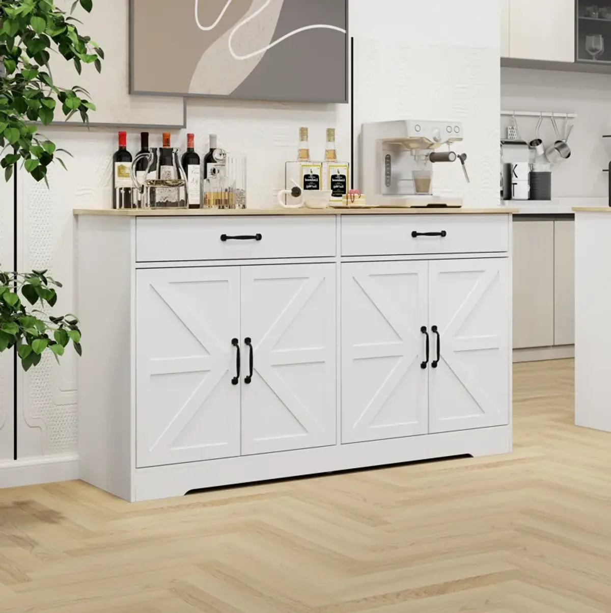 White MDF 55.91 in. Sideboard with X-panel Design Doors