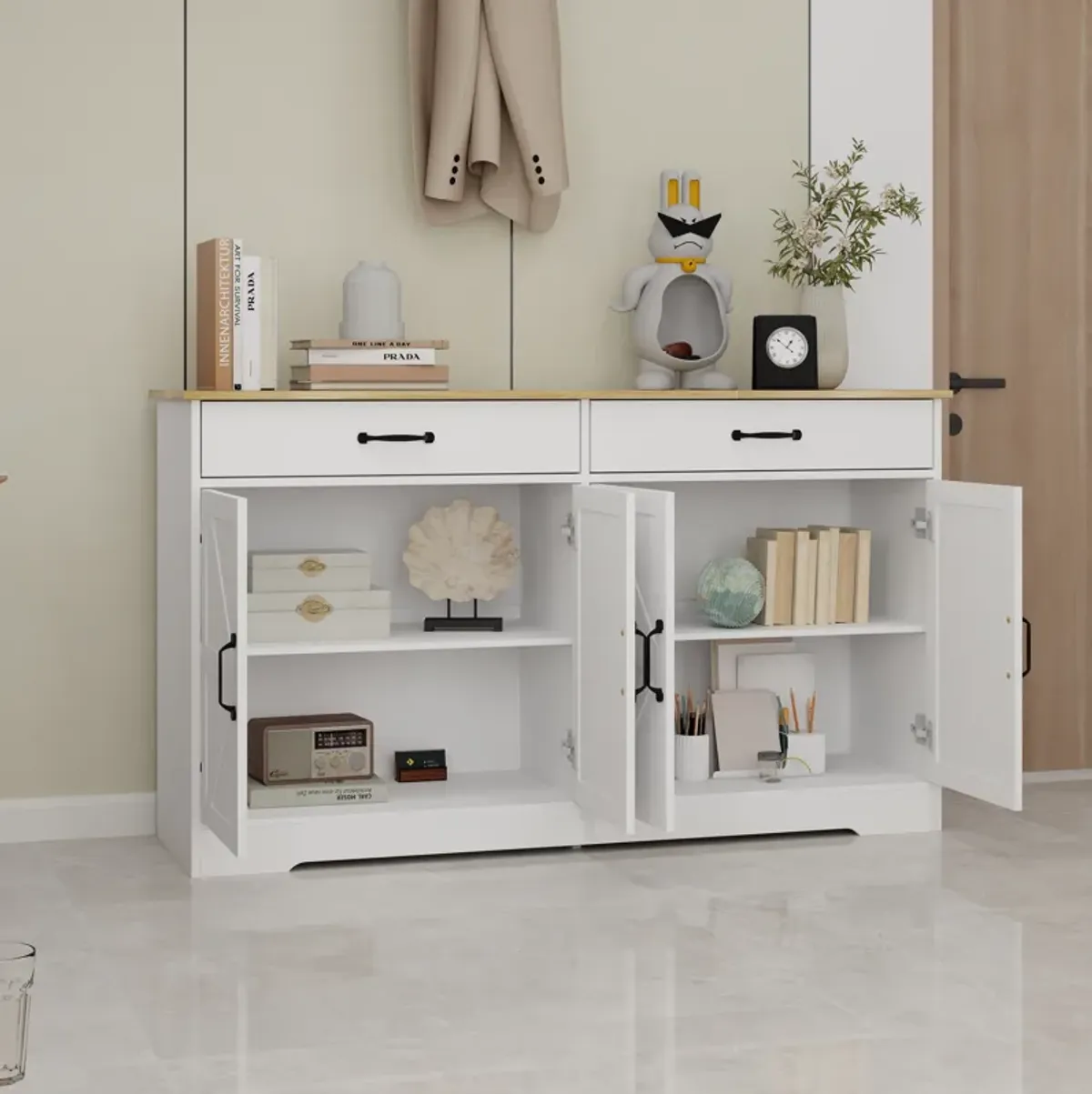 White MDF 55.91 in. Sideboard with X-panel Design Doors