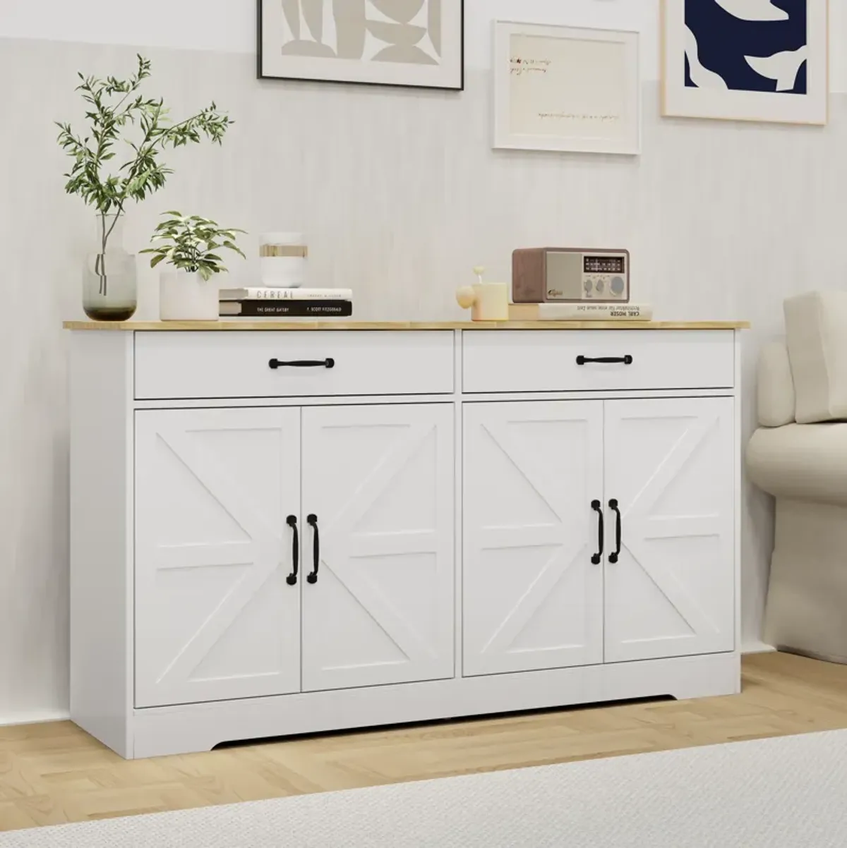 White MDF 55.91 in. Sideboard with X-panel Design Doors