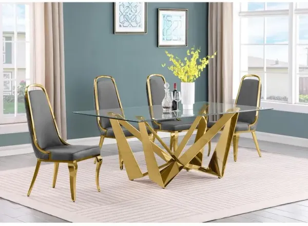 5pc Small(78") glass dining set with gold base and 6 Dark grey side chairs