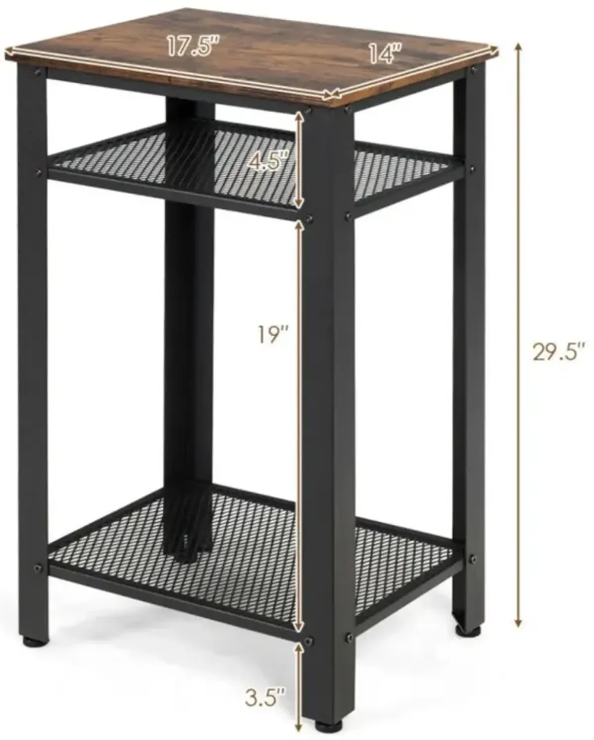 Hivvago 3-Tier Industrial End Table with Metal Mesh Storage Shelves