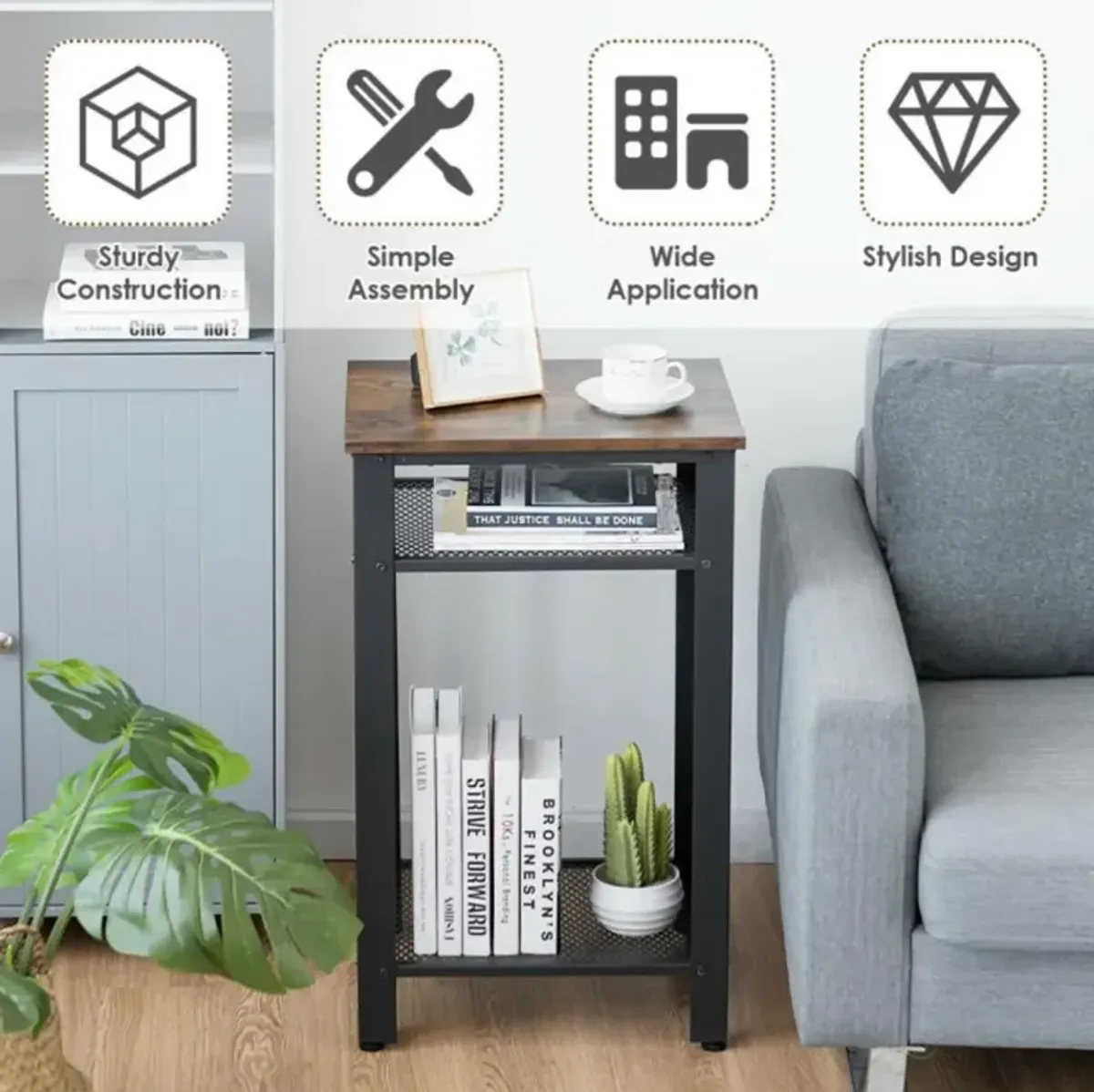 Hivvago 3-Tier Industrial End Table with Metal Mesh Storage Shelves