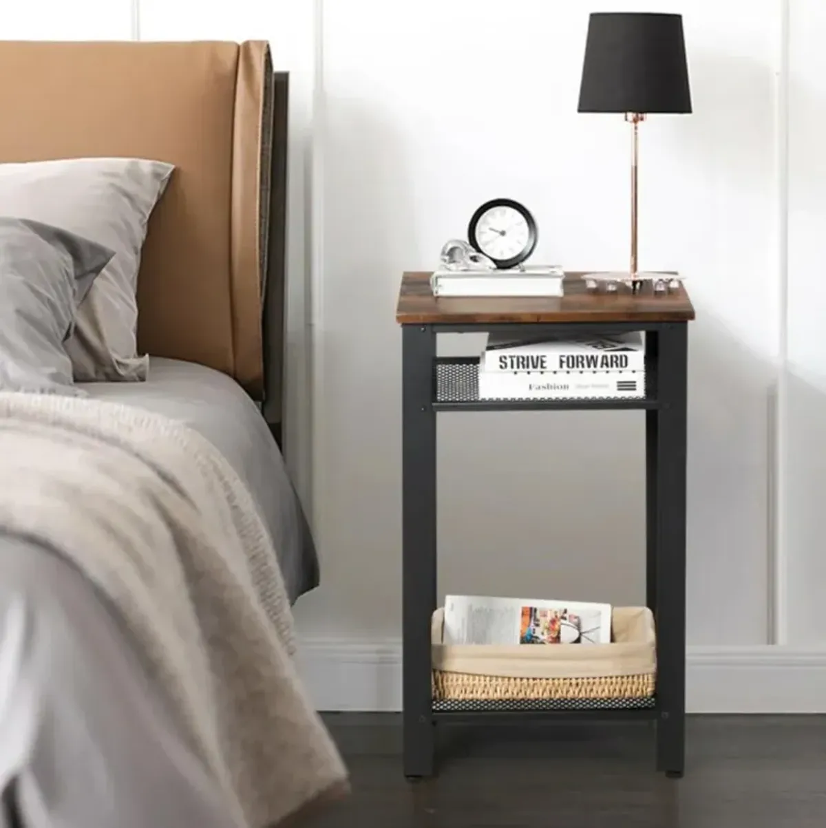 Hivvago 3-Tier Industrial End Table with Metal Mesh Storage Shelves