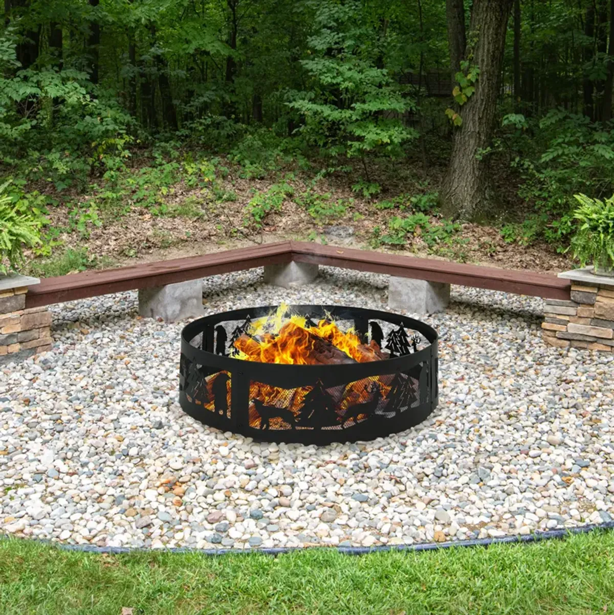 Sunnydaze 36 in Forest Wilderness Steel Fire Pit Ring - Black