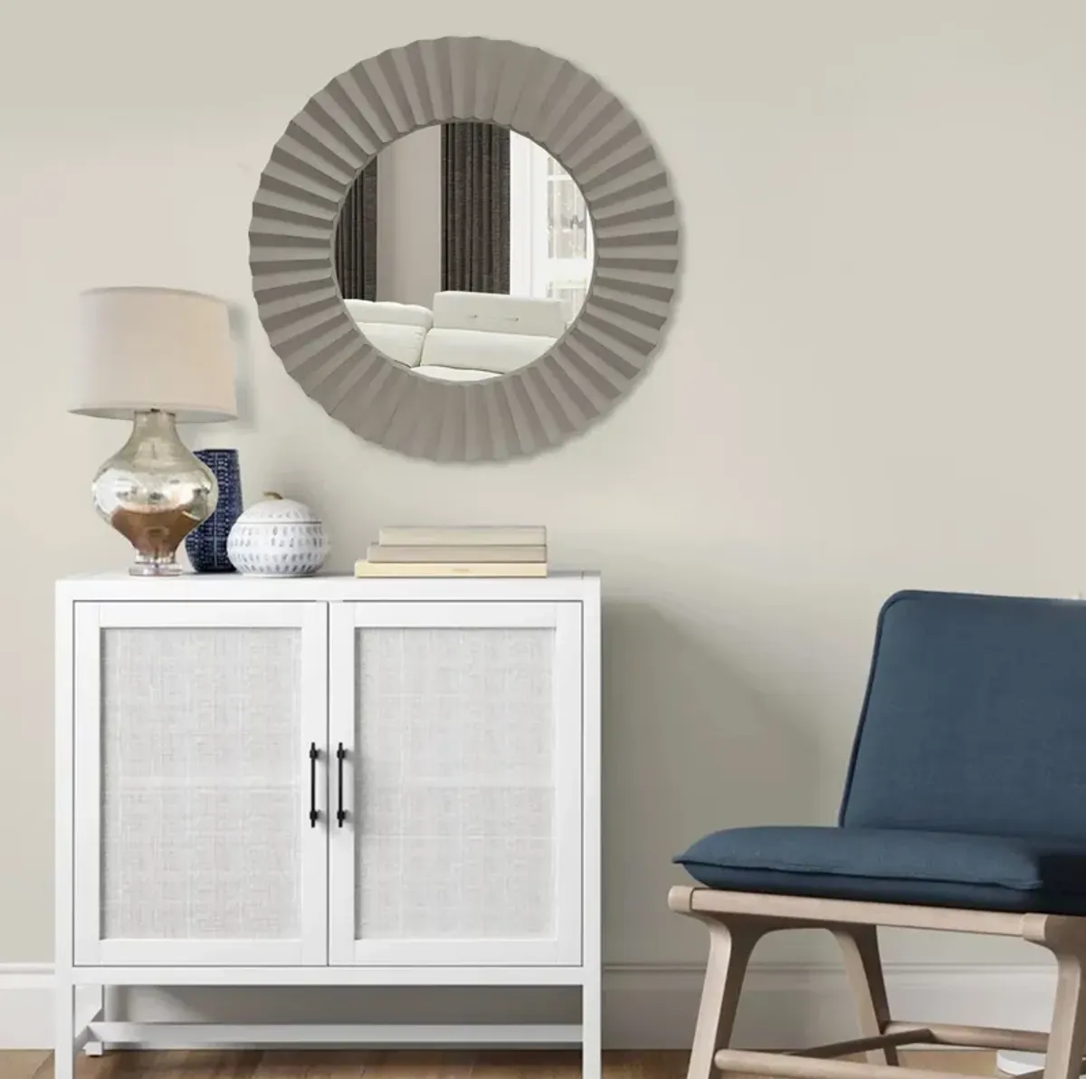 32 Inch Round Beveled Floating Wall Mirror with Corrugated Design Wooden Frame, Gray-Benzara