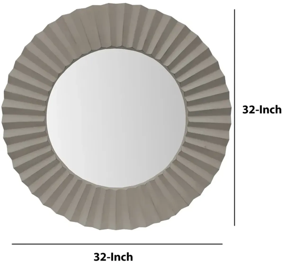 32 Inch Round Beveled Floating Wall Mirror with Corrugated Design Wooden Frame, Gray-Benzara