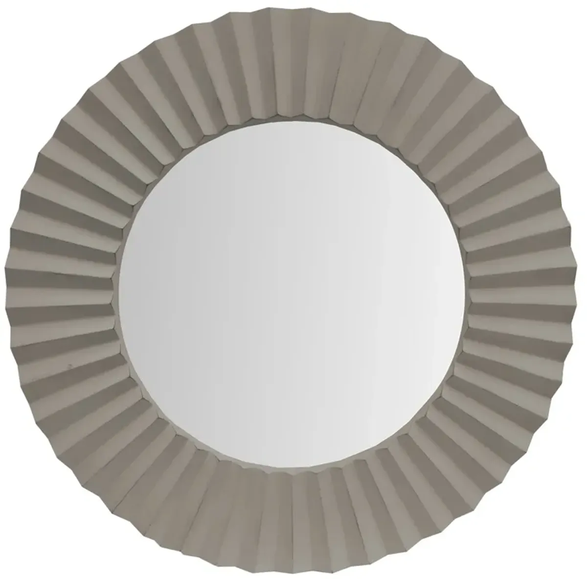 32 Inch Round Beveled Floating Wall Mirror with Corrugated Design Wooden Frame, Gray-Benzara