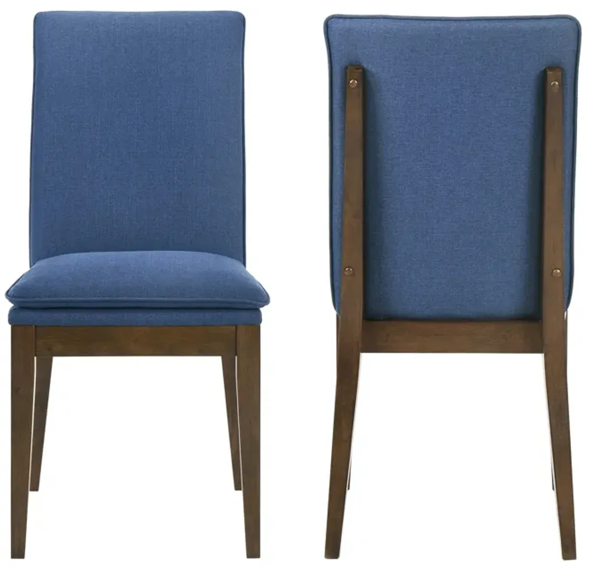 Nick 25 Inch Dining Chair Set of 2, Cushioned, Walnut Brown Legs, Blue - Benzara