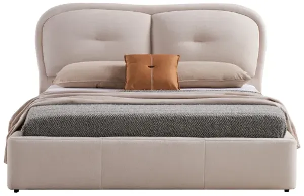 Kia California King Bed, Low Profile Ivory Upholstered Pillow Headboard - Benzara