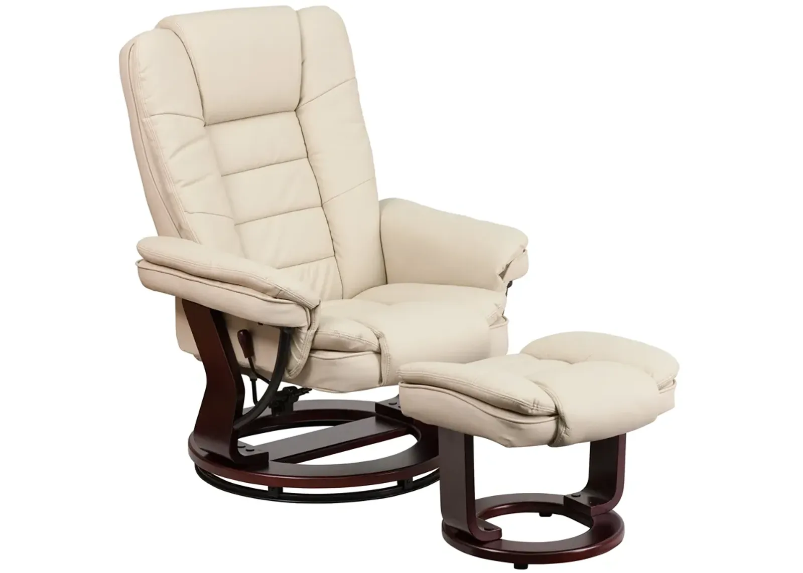 Flash Furniture Bali Contemporary Multi-Position Recliner with Horizontal Stitching and Ottoman with Swivel Mahogany Wood Base in Beige LeatherSoft